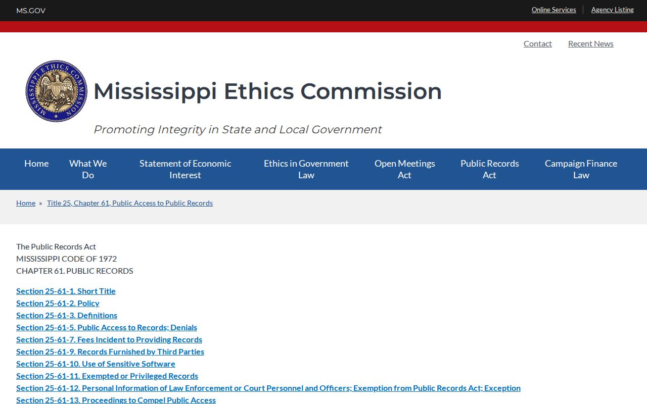 Mississippi public-records guidance for Webster County booking records