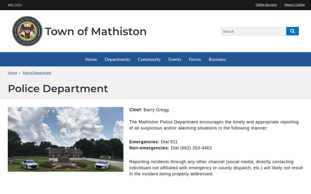 Mathiston Police Department official arrest-record contact page